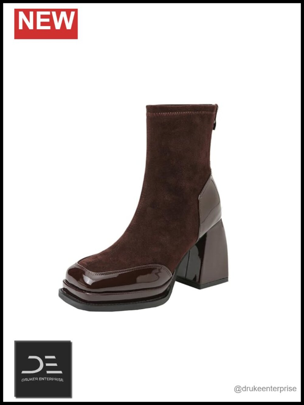 Women's Square Toe Block Heel Ankle Boots Faux Leather Zipper